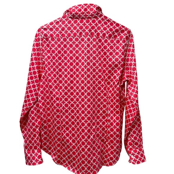 Ruby Rd Womens Shirt Size 10 Red Geo Preppy Print Long Sleeve Button Up - Picture 5 of 10